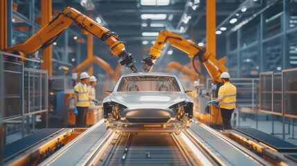 Robotic arms assembling a car in a modern manufacturing facility during daylight hours
