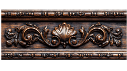 Ornamental woodwork: showcasing a close-up of intricate decorative wood panel, detailed carvings, vintage appeal, with natural wood grain patterns.