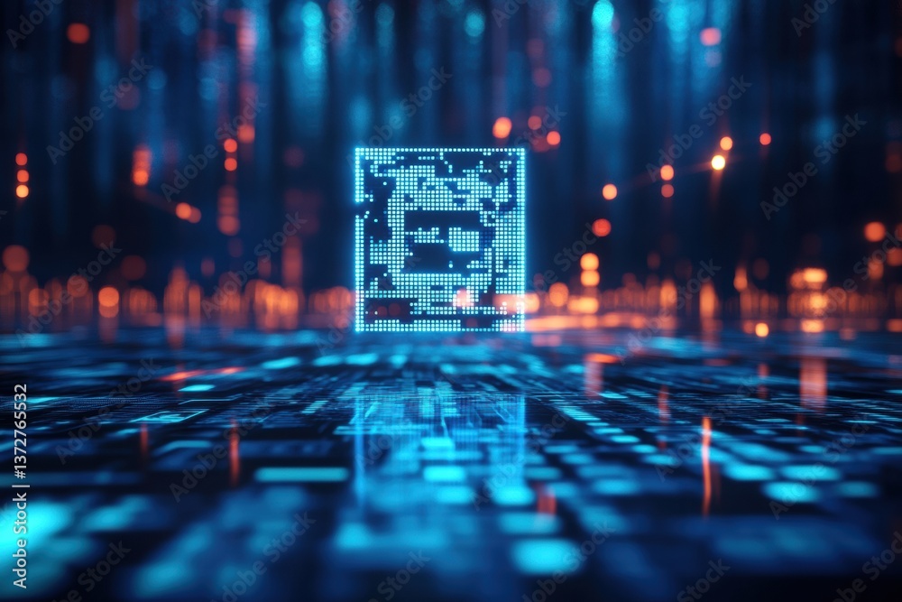 Aufkleber Futuristic floating QR code in a blue-lit abstract setting representing financial security and digital technology