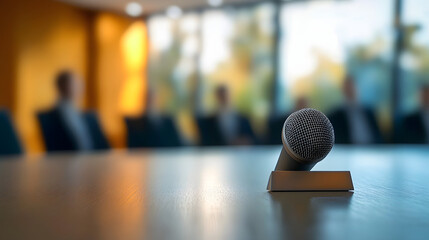 Obraz premium Close Up of a Microphone on a Conference Table in a Meeting Room&nbsp;