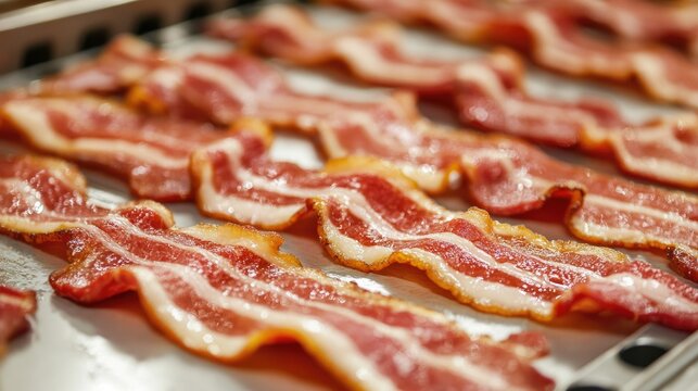 A close-up of bacon strips being laid out for packaging in a meat plant.