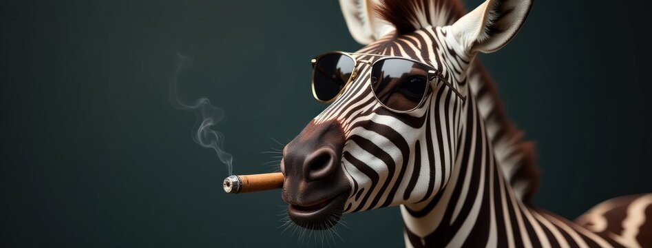Smoking Zebra with Sunglasses - Surreal Animal Humor. Ideal for humorous social media content, animal-themed advertisements, graphic design projects, surreal website banners