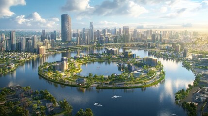 Naklejka premium Urban landscape development city waterfront aerial view modern architecture vibrant environment eco-friendly concept