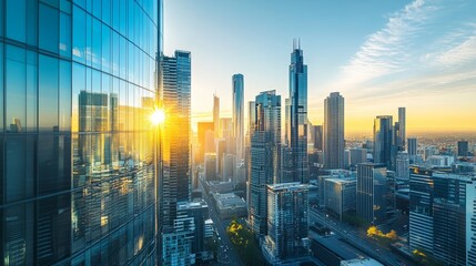 Distant view, overhead shot, cool colors, futuristic city skyline, tall buildings with glass facades, early morning sunlight reflection 