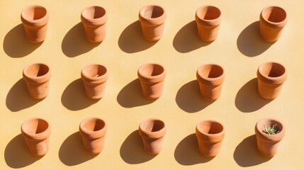 Obraz premium A collection of tiny clay pots arranged artistically on a warm yellow ochre background.