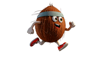 Cartoon coconut sweatband around its forehead running a marathon in the transparent white background, PNG Image.