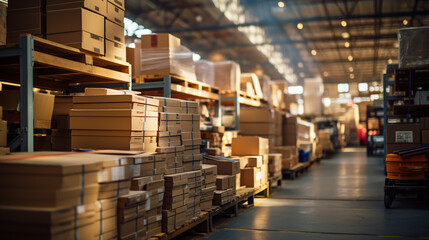 Retail Warehouse full of Shelves with Goods in Cardboard Boxes and Packages.