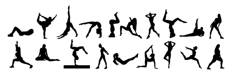 Silhouettes of different sports women performing various sport activities. Set of training, exercising people, workout, yoga, pilates, stretching. Vector black illustrations