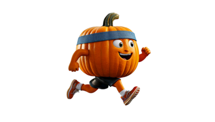 Cartoon pumpkin with sweatband around its forehead running a marathon in the white transparent background, PNG Format.
