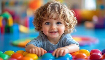 Fototapeta premium A smiling toddler with bright eyes and curly blonde hair