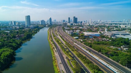 Fototapeta premium Urban landscape with railway and river city skyline aerial view modern environment futuristic concept