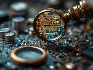 A magnifying glass analyzing the complex circuit board design