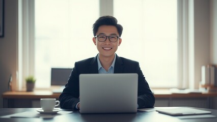Smiling businessman types on laptop in office bright interior workday