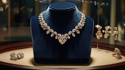 A detailed shot of a diamond necklace resting in a navy blue velvet display case.