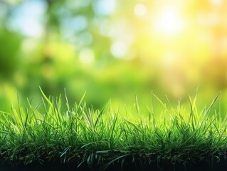 Lush green grass in a sunlit meadow evokes feelings of freshness and renewal capturing the essence of spring with vibrant colors and a soft bokeh background
