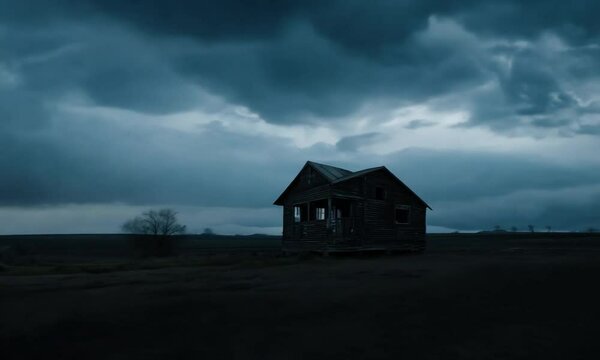 Abandoned wooden house under a stormy sky in a desolate landscape at dusk