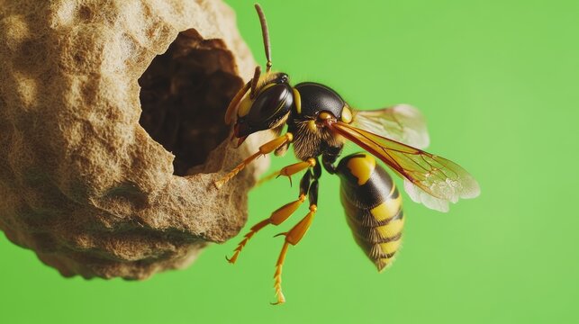 A close up image of a wasp by a nest