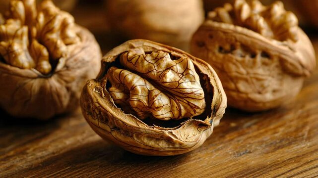 Kernel Hard Seed, Artisanal walnut shells and nutmeats on a rustic wooden surface