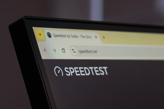 New York, USA - March 30, 2025: Speedtest by Ookla website open on computer monitor showing internet speed testing homepage