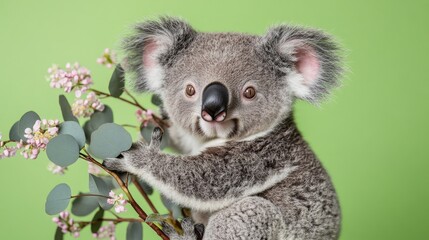 A cute koala bear holding on to some leafy branches