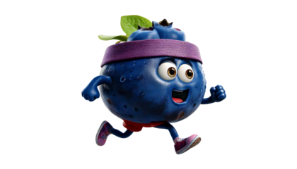 a Cartoon blueberry with sweatband around its forehead running a marathon in the white transparent background, PNG Format.