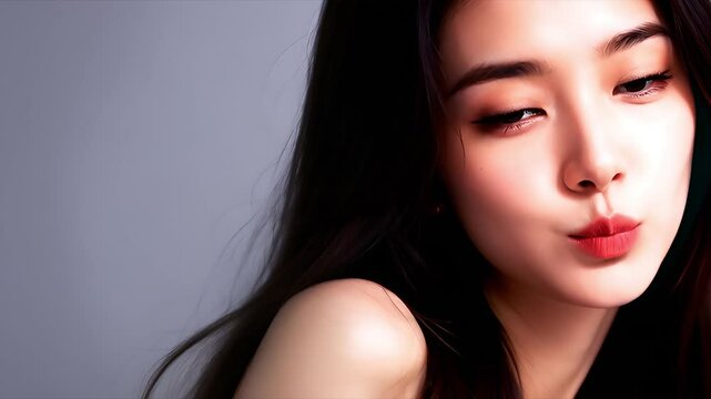 Beauty portrait of beautiful smiling young woman. Beautiful natural face, beauty image. Close up. 美しい微笑む若い女性のビューティーポートレート。美しい素顔、美容イメージ。クローズアップ。