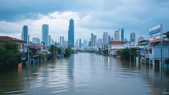 Severe flooding event in urban cityscape aerial view of affected area environmental impact on infrastructure