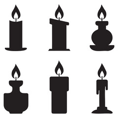 This image features six simple, black silhouette candles of varying shapes and candleholder types against a pure white background.
