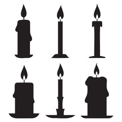 This image features six simple, black silhouette candles of varying shapes and candleholder types against a pure white background.
