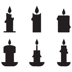 This image features six simple, black silhouette candles of varying shapes and candleholder types against a pure white background.
