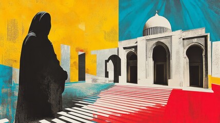 Silhouette of a woman stands before a vibrant islamic structure