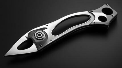 Obraz premium A high-tech iron cutter with a robust, futuristic design sitting on a deep black matte surface.