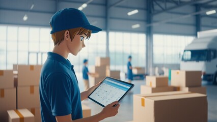 Deliveryman scans tablet shipping boxes warehouse blurred