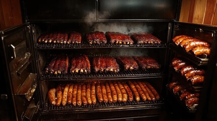 A large meat smoker with rows of ribs and sausages slow-cooking inside.