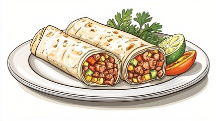 Delicious burritos, cilantro, lime, tomato. Food illustration