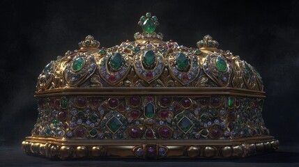 Obraz premium Ornate gold box with jewels including emeralds and rubies on
