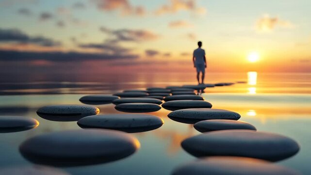 A serene sunset scene with a person walking on stepping stones across calm waters, reflecting clouds