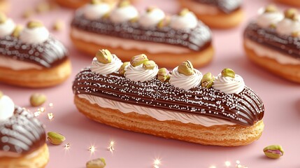Delicious chocolate eclairs with pistachio, pink background