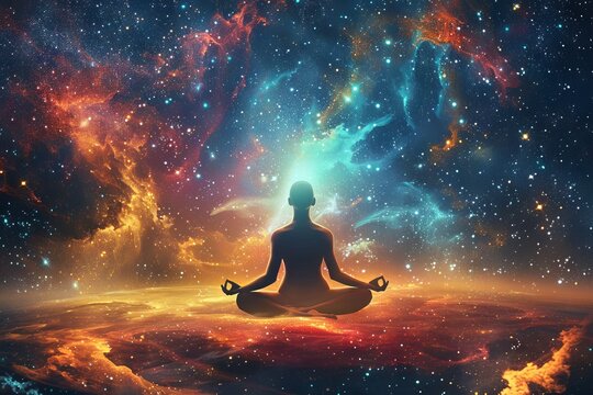 Female yoga figure against universe background with Supernova explosion.