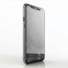 Standing smartphone with smudged screen on reflective surface