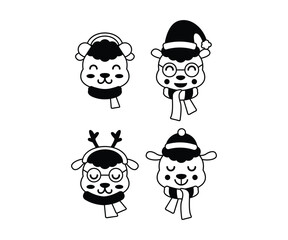 Cute Cartoon Sheep Winter Icons Black and White Minimalist Vector Design