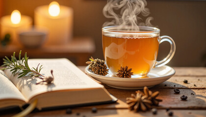 Fototapeta premium Calming herbal tea beside journal on wooden table, self-care moment