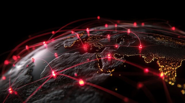 Global digital connectivity earth infographic nighttime aerial view technology trends
