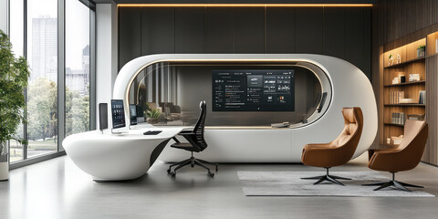 Futuristic executive office with panoramic windows, curved desk, interactive digital screen, and luxury furniture, creating an elegant and high-tech workspace for business leaders and innovators