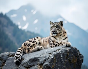 Fototapeta premium A Snow Leopard resting on a rocky ledge in the Himalayas.