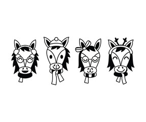 Fototapeta premium Cute Winter Horse Icons Black and White Illustration Vector Design 