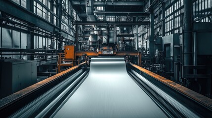 Obraz premium A massive paper mill with conveyor belts moving freshly produced sheets of paper.