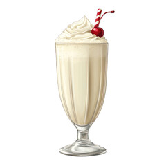 Realistic, Classic diner milkshake illustration in vintage tall glass, whipped cream and cherry garnish, isolated transparent background.