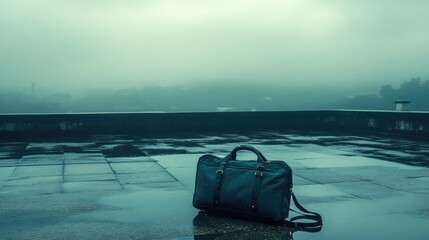 A messenger bag casually positioned on the rooftop edge, under a moody overcast sky.
