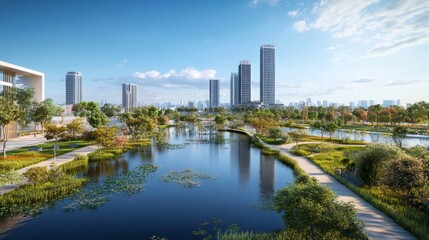 Obraz premium Modern urban landscape waterfront park digital art cityscape aerial view serenity and nature combined